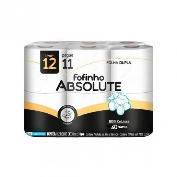 PAPEL HIGIÊNICO FOLHA DUPLA 100 % CELULOSE - FOFINHO ABSOLUTE - 12 ROLOS x 60 m - CIA CANOINHAS