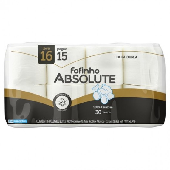 PAPEL HIGIÊNICO FOLHA DUPLA 100 % CELULOSE - FOFINHO ABSOLUTE - 16 ROLOS x 30 m - CIA CANOINHAS