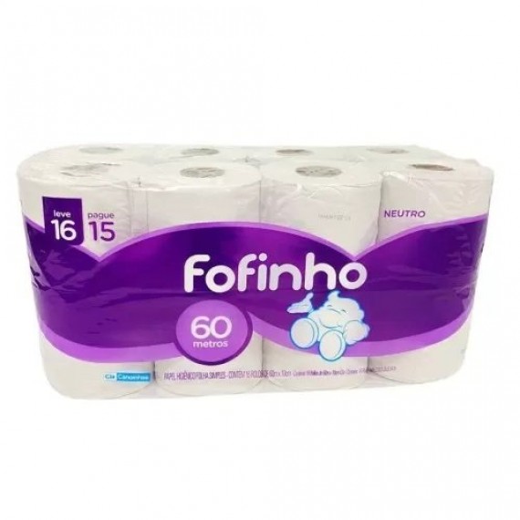 PAPEL HIGIÊNICO FOLHA SIMPLES - FOFINHO - 16 ROLOS x 60 m - CIA CANOINHAS