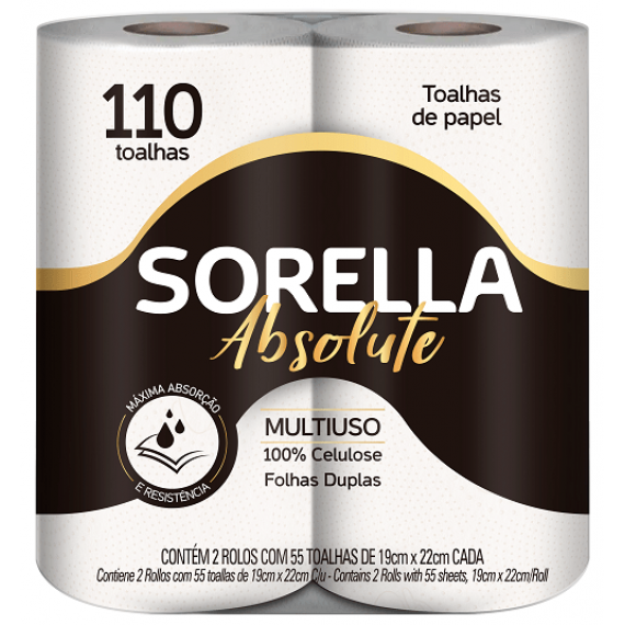 TOALHA DE PAPEL - SORELLA ABSOLUTE 100 % CELULOSE - 2 ROLOS x 55 TOALHAS - CIA CANOINHAS