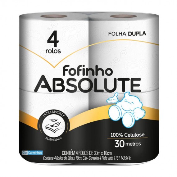 PAPEL HIGIÊNICO FOLHA DUPLA 100 % CELULOSE - FOFINHO ABSOLUTE - 4 ROLOS x 30 m - CIA CANOINHAS