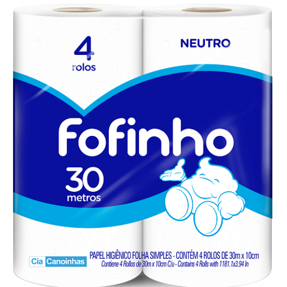 PAPEL HIGIÊNICO FOLHA SIMPLES - FOFINHO - 4 ROLOS x 30 m - CIA CANOINHAS